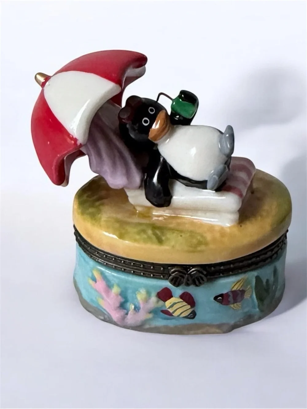 Hand-Painted Penguin Trinket Box with Red Umbrella